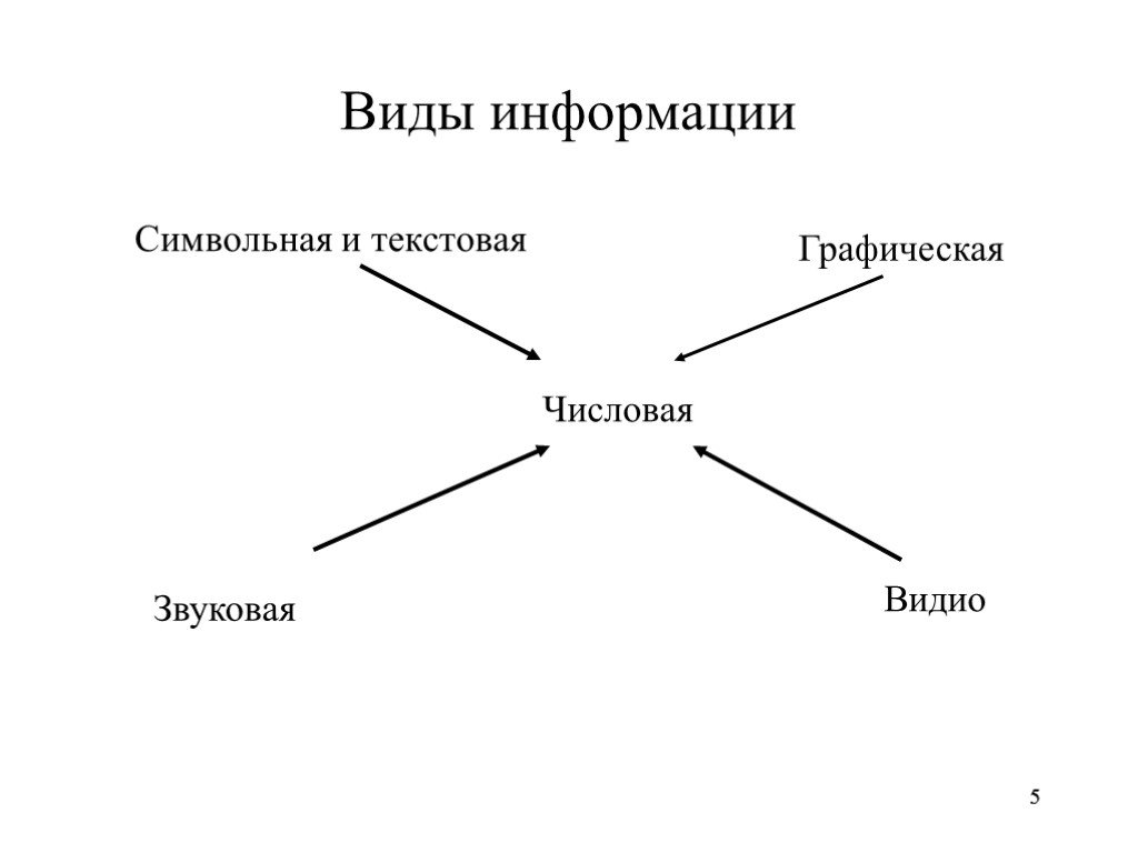 5 5 Виды информации Числовая Символьная и текстовая Звуковая Графическая Видио